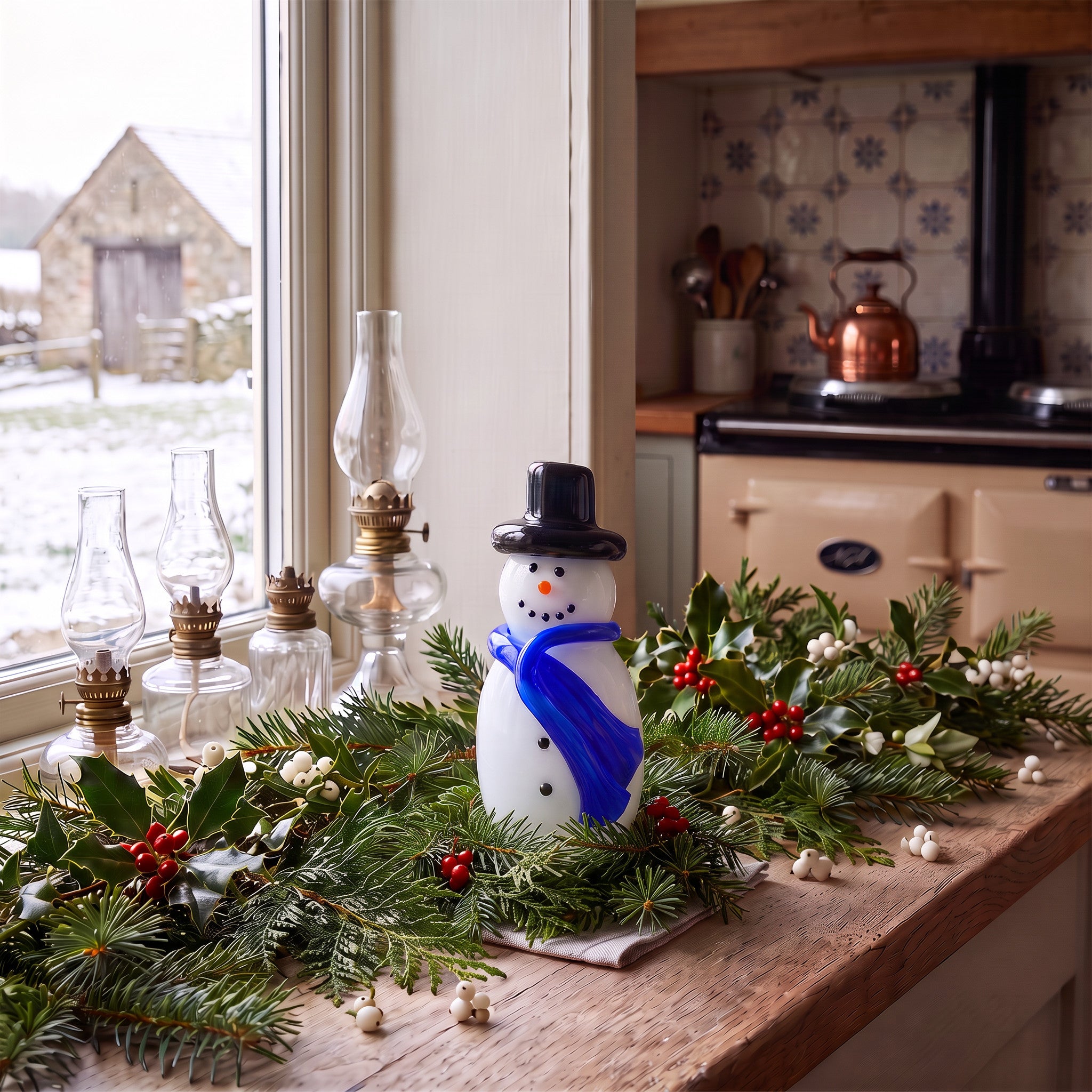 A festive handcrafted glass holiday snowman figurine wearing a blue scarf and black top hat, displayed on a rustic wooden kitchen counter surrounded by green pine garlands, red berries, and vintage-style glass oil lamps.