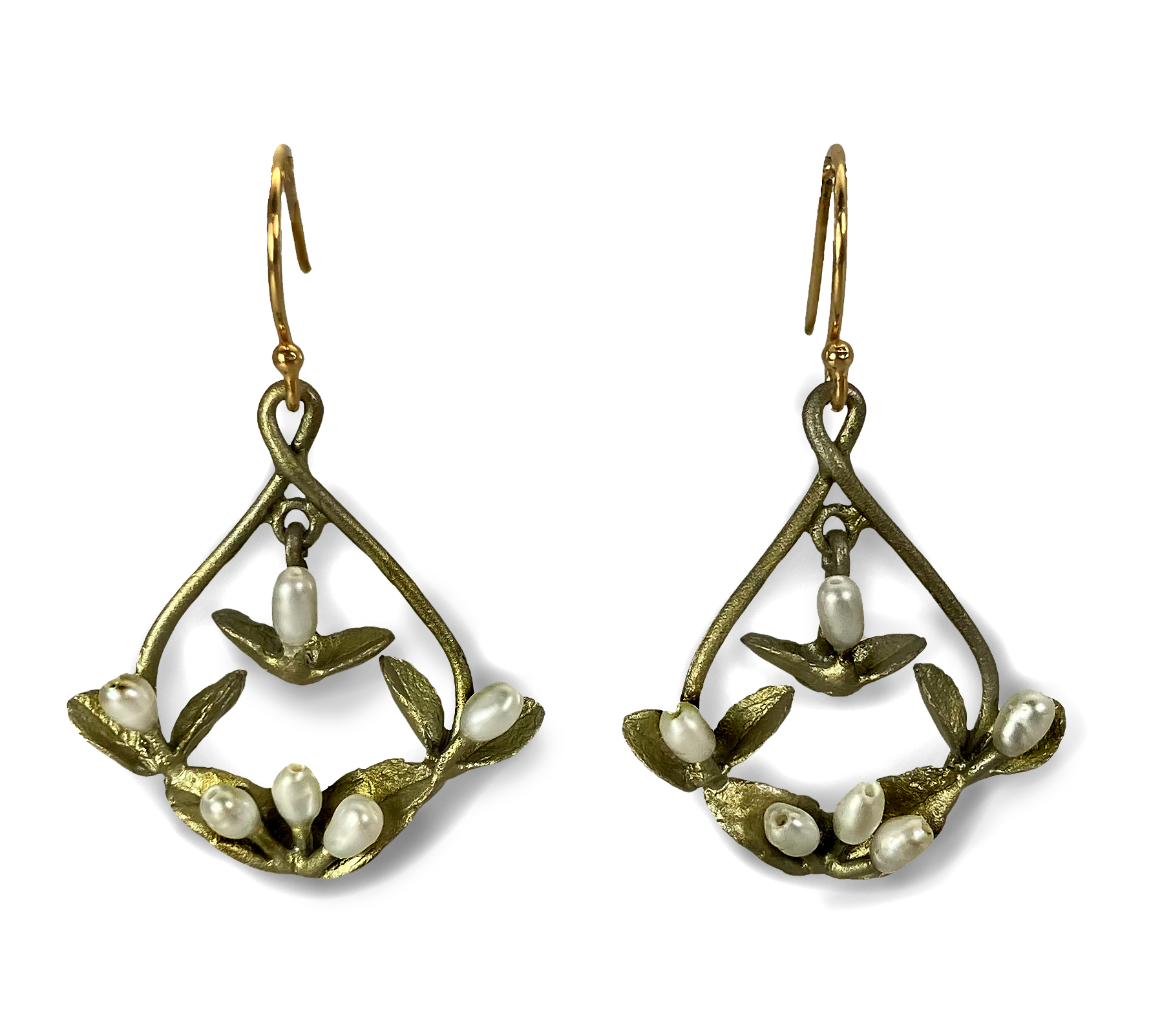 A pair of bronze earrings featuring a vine design with white freshwater pearls, gold plating, and green stones.