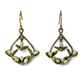 A pair of bronze earrings featuring a vine design with white freshwater pearls, gold plating, and green stones.