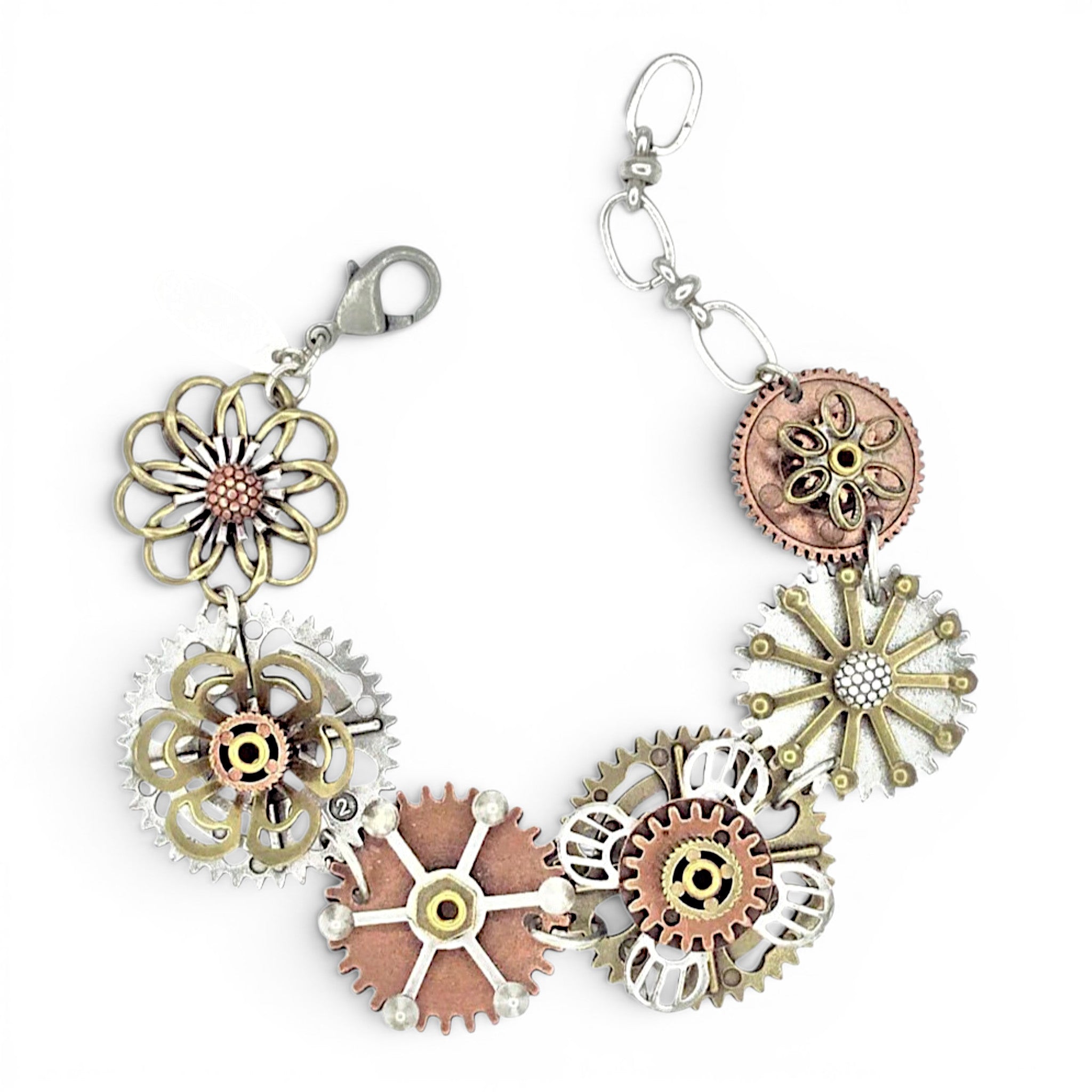 Steampunk-style bracelet with gears and floral elements on a white background