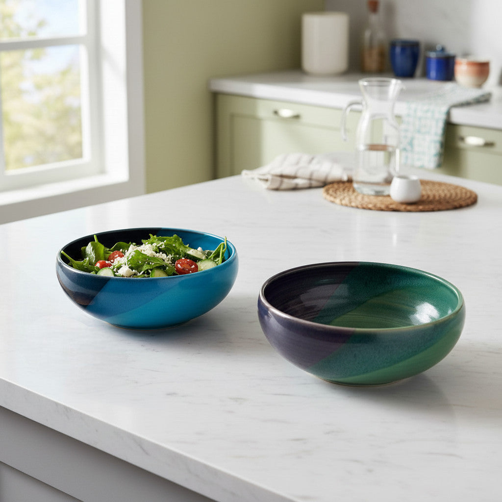 Two colorful handcrafted ceramic bowls on a kitchen counter, one with salad.