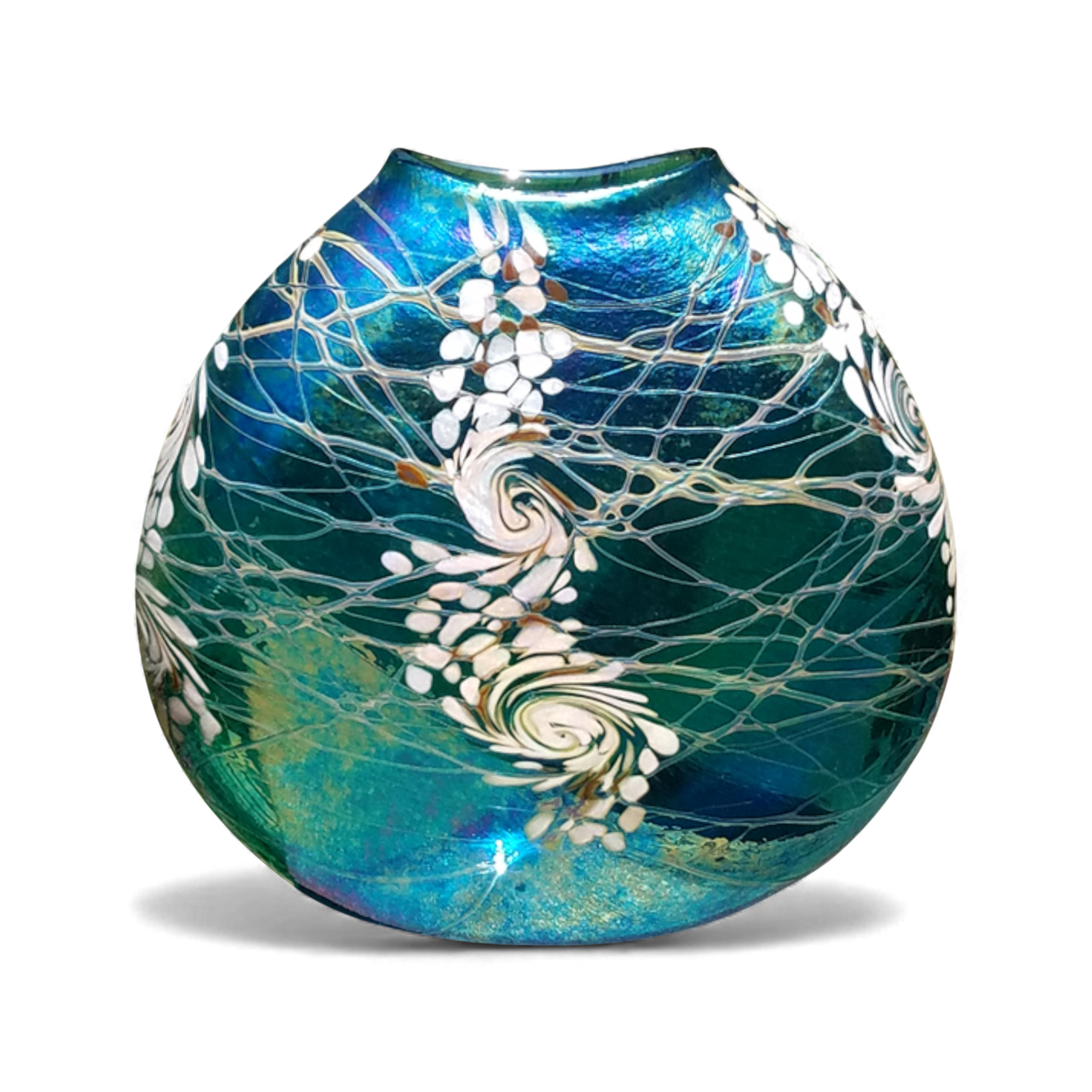 Decorative glass vase with blue and green patterns on a white background