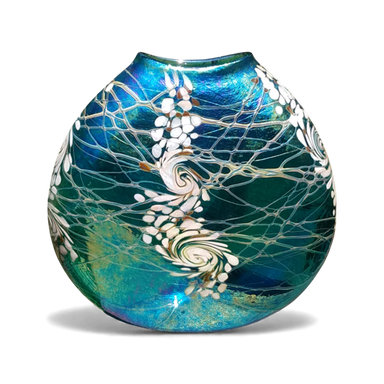 Decorative glass vase with blue and green patterns on a white background