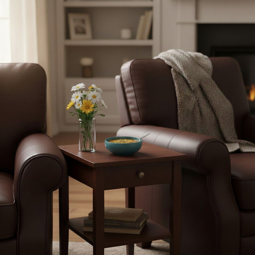 Cozy living room with brown leather chairs and a small table holding flowers and a bowl.