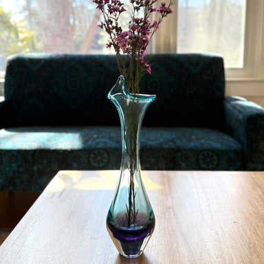 Handcrafted two-tone flower vase features translucent blue shifting to purple. A great addition for spring with fresh flowers