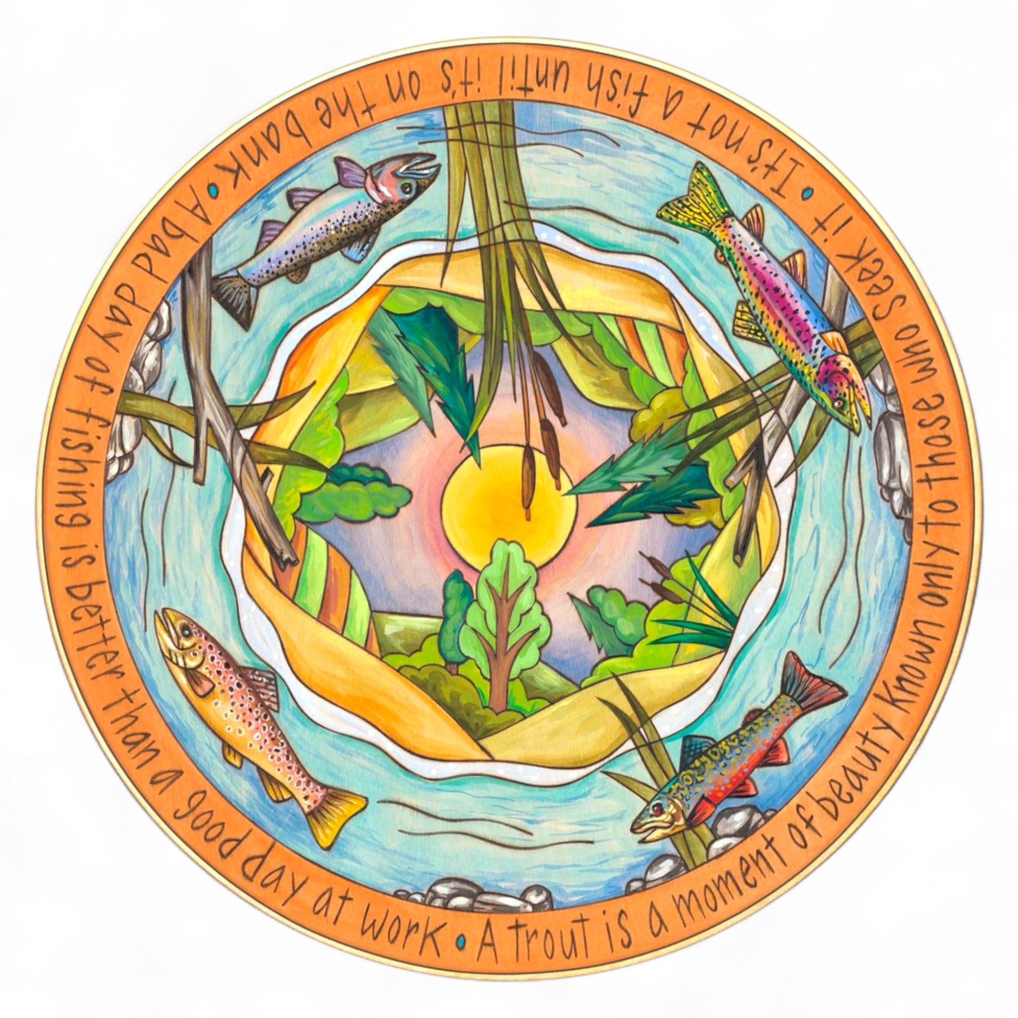 Circular artwork with fish, nature elements, and text on a white background