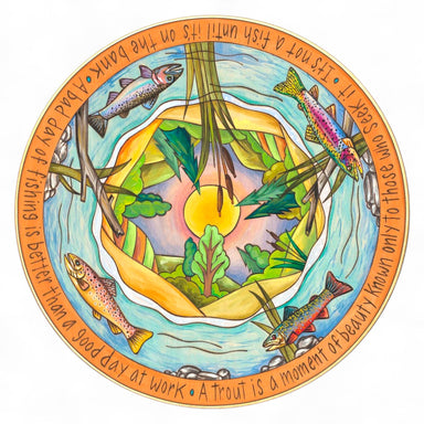 Circular artwork with fish, nature elements, and text on a white background