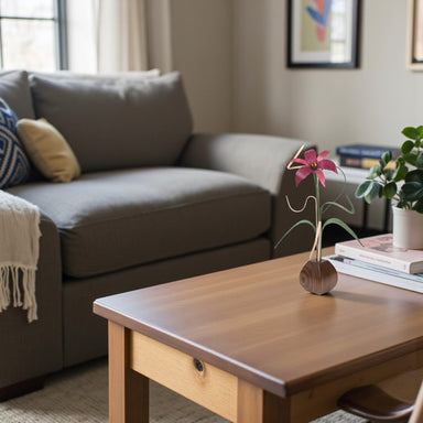 mauve lily handcrafted from thin hardwood strips stays colorful all year ong