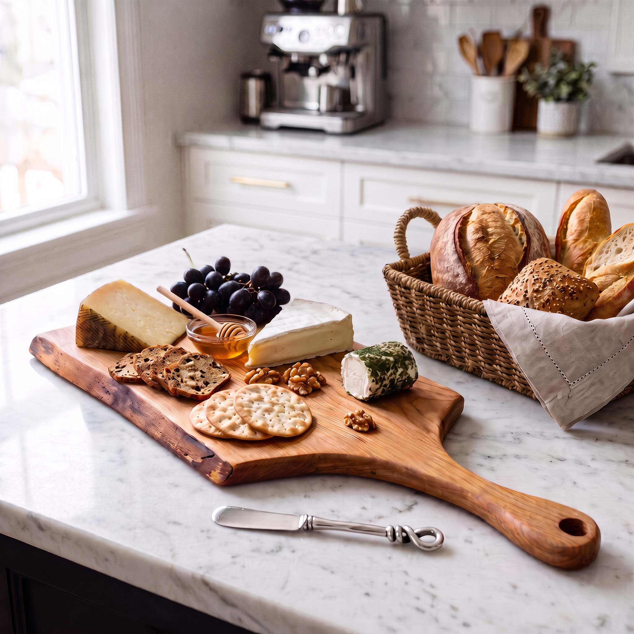 A wooden charcuterie board with cheese, crackers, grapes, nuts, and honey is styled on a white marble countertop in a bright kitchen, alongside a basket of bread and a silver pate spreader.
