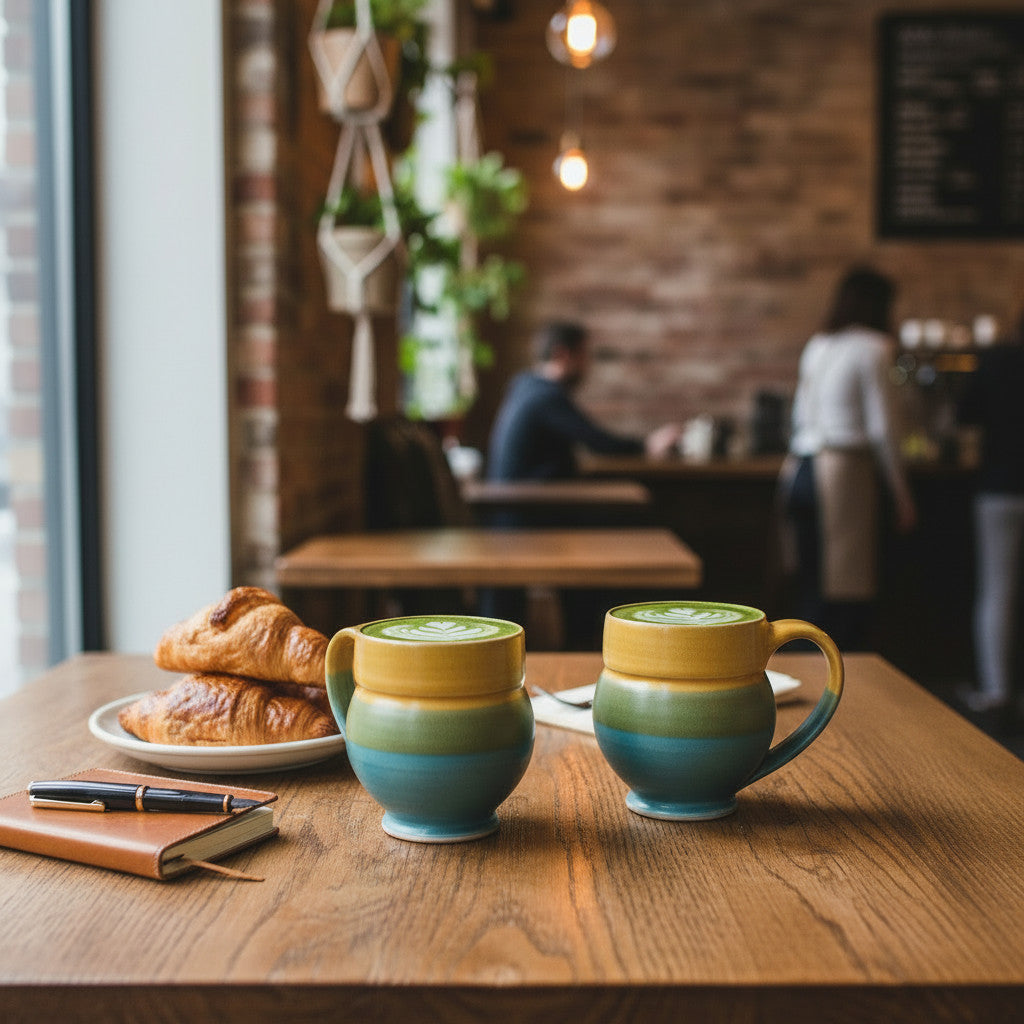 Two ceramic mugs with green and blue gradient on a wooden table with pastries and a notebook in a cafe setting.