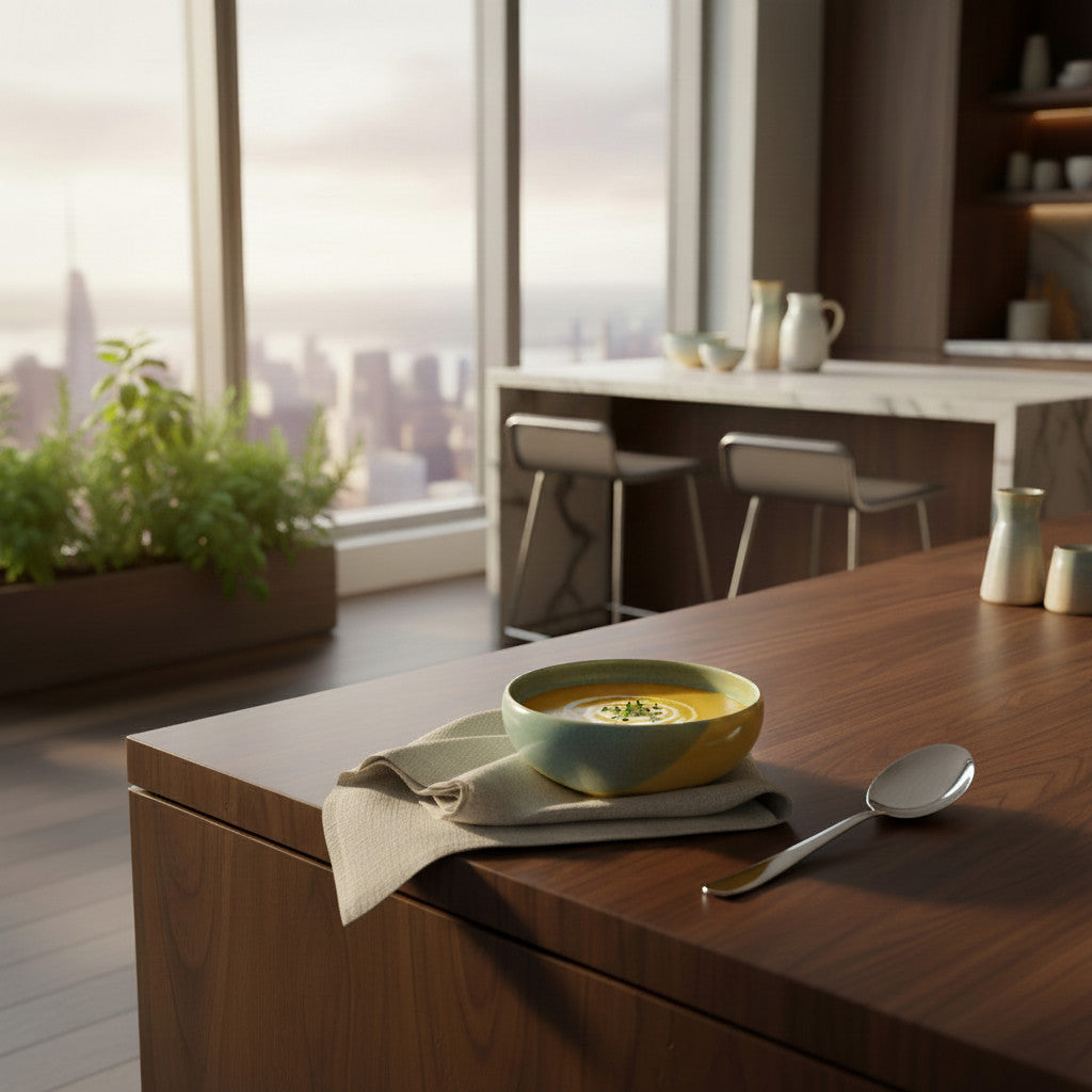 Bowl of soup on a wooden table with a cityscape view through large windows.