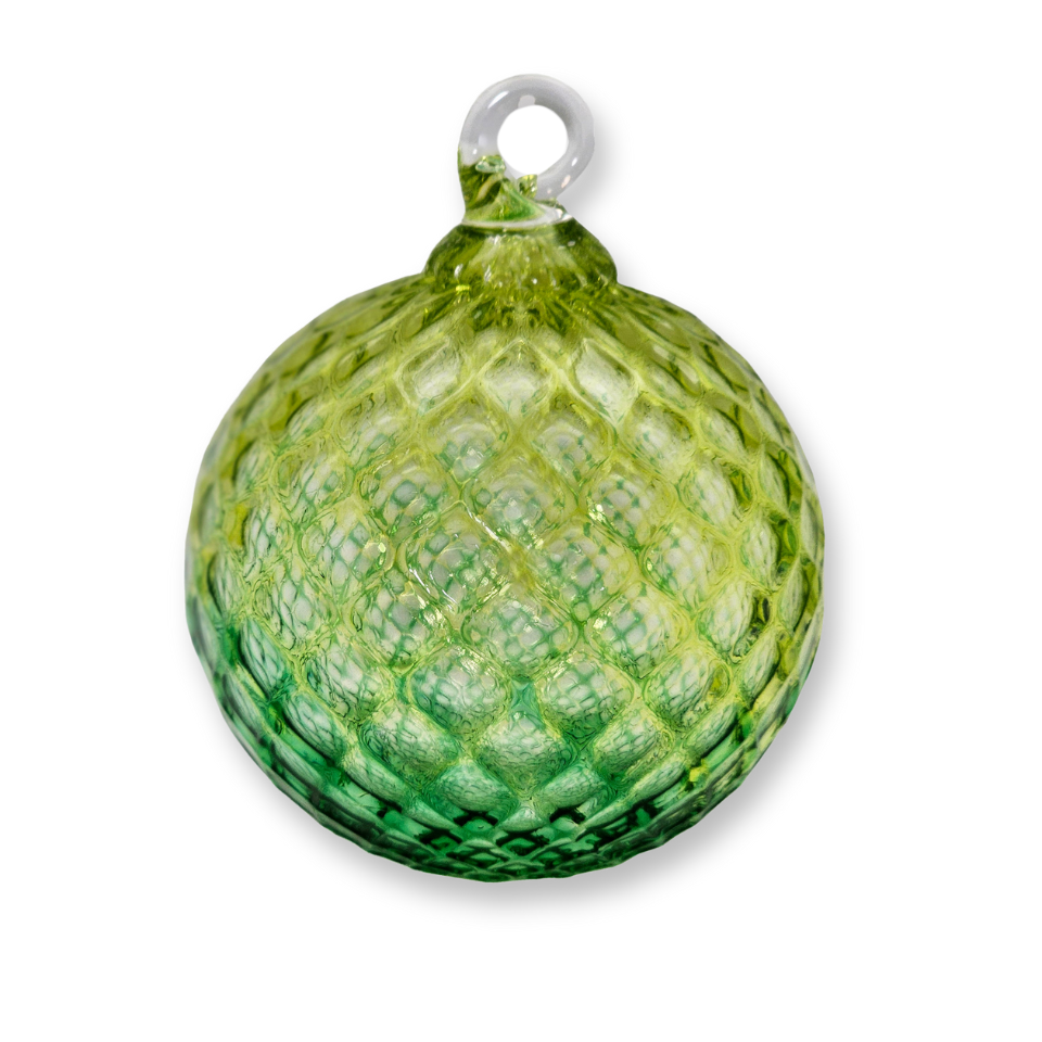 two-toned blue and green handcrafted holiday ornament in blue and green
