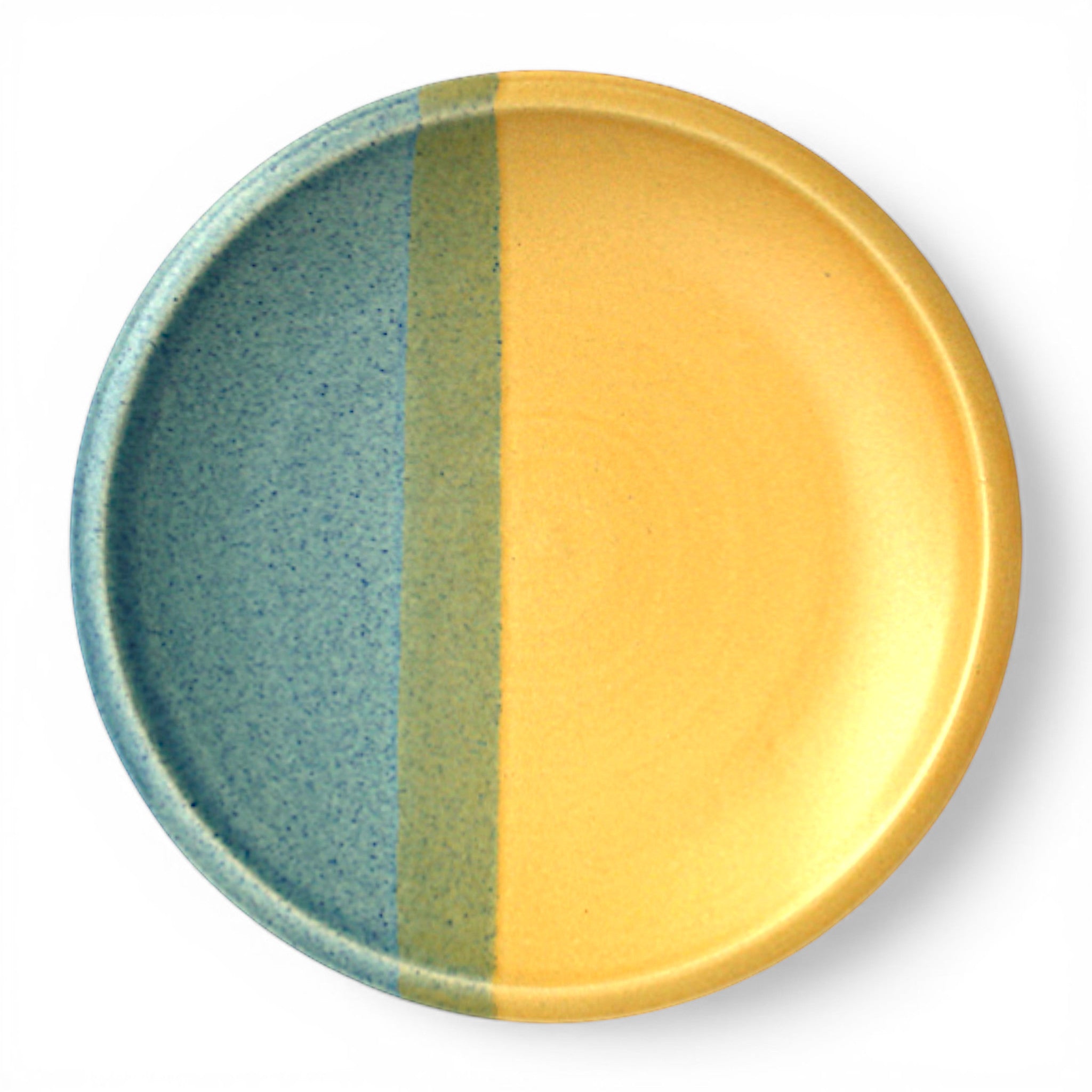 Ceramic plate with blue and yellow stripes is a bright and colorful addition to any dinnerware dessert plate array