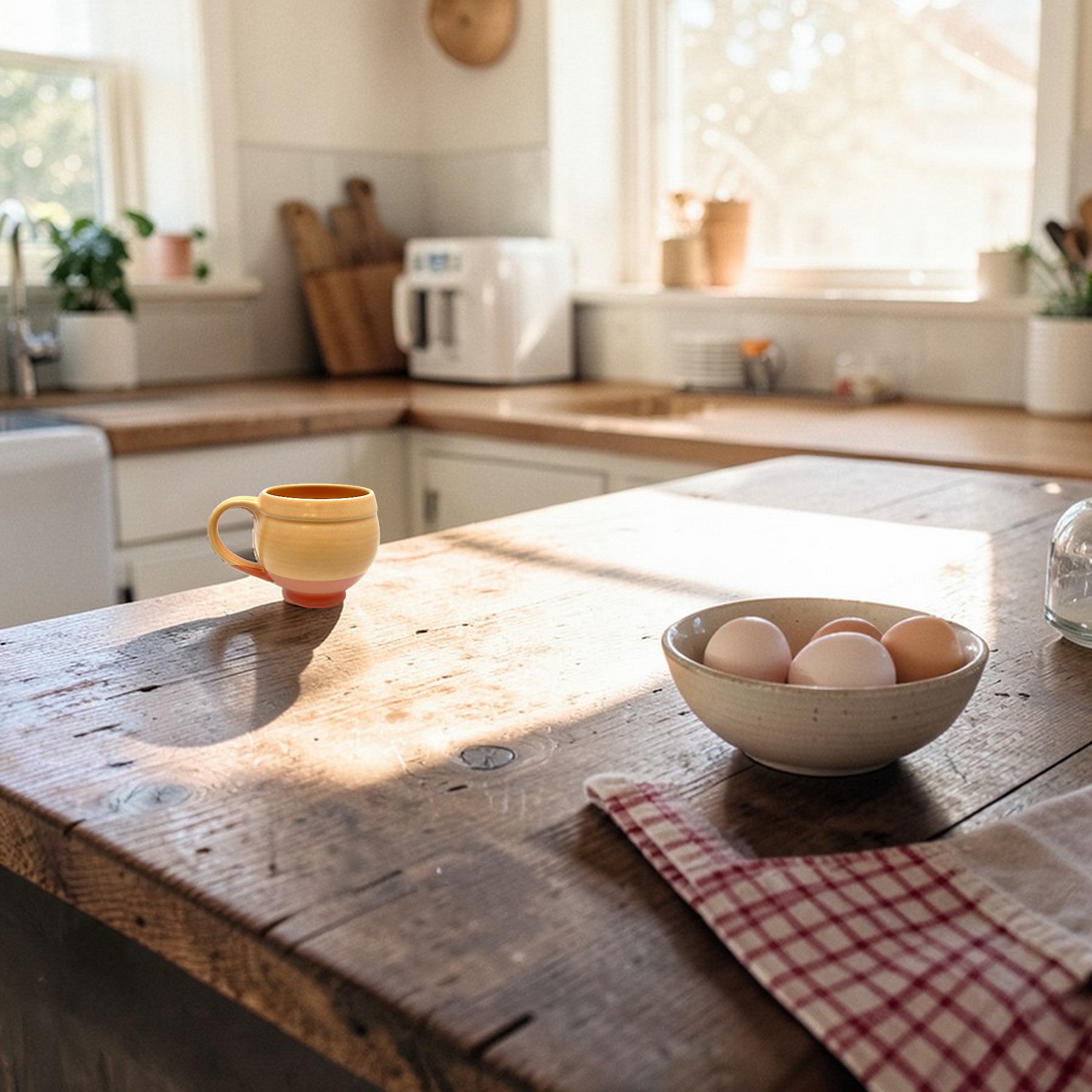 Kitchen counter with a bowl of eggs and a handcrafted ceramic mug, with natural light streaming in.