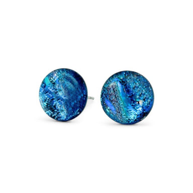 Sea blue round glass stud earrings with sterling silver posts