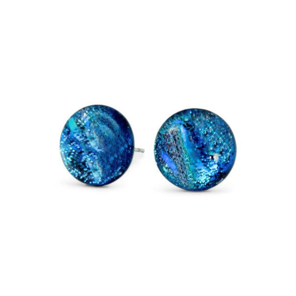 Sea blue round glass stud earrings with sterling silver posts