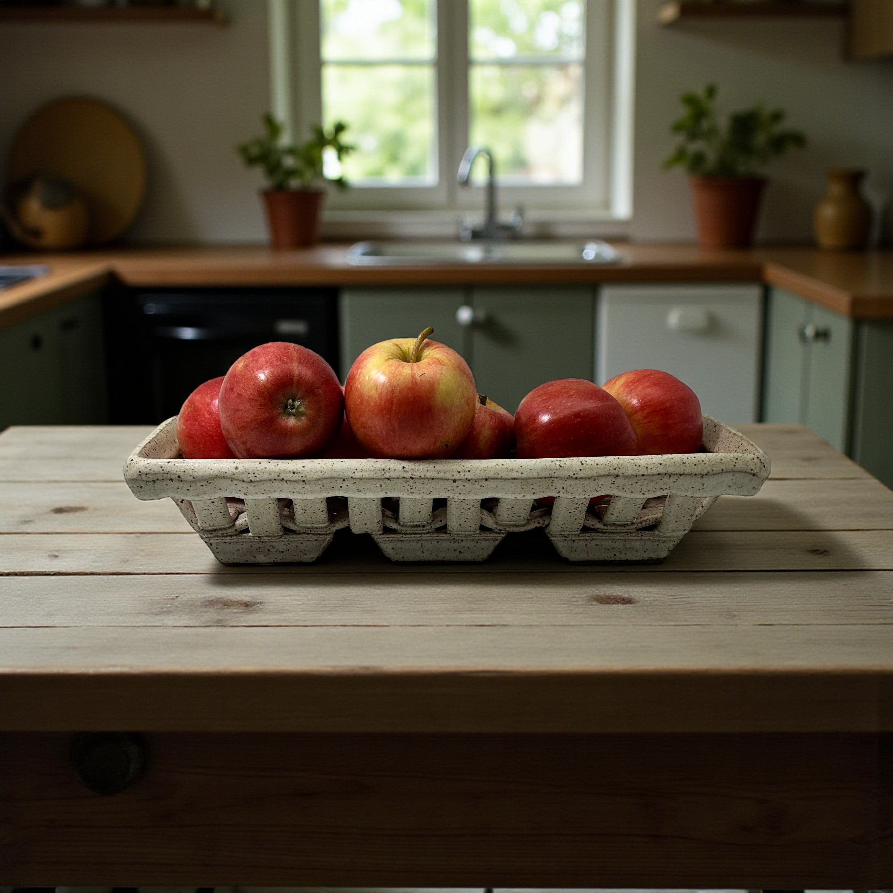 handwoven ceramic basket with apples