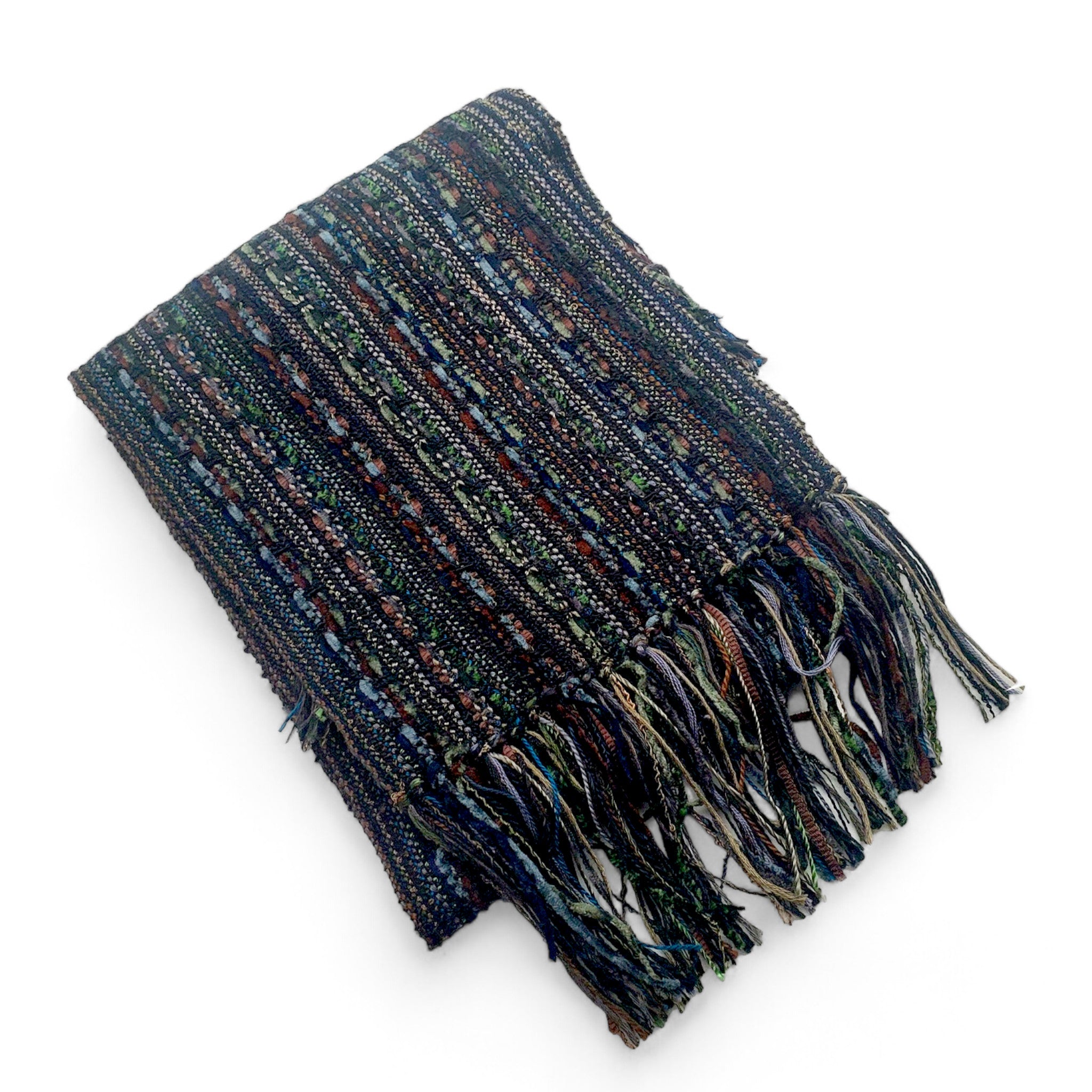 handwoven black scarf with hints of blue, green, and gray