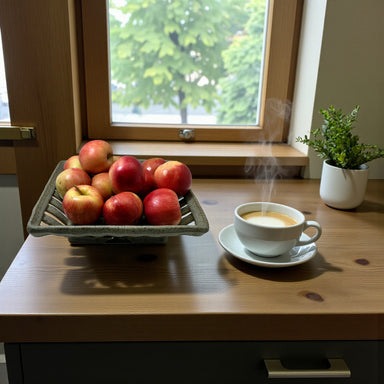 handcrafted ceramic woven basket with apples on a kitchen counter
