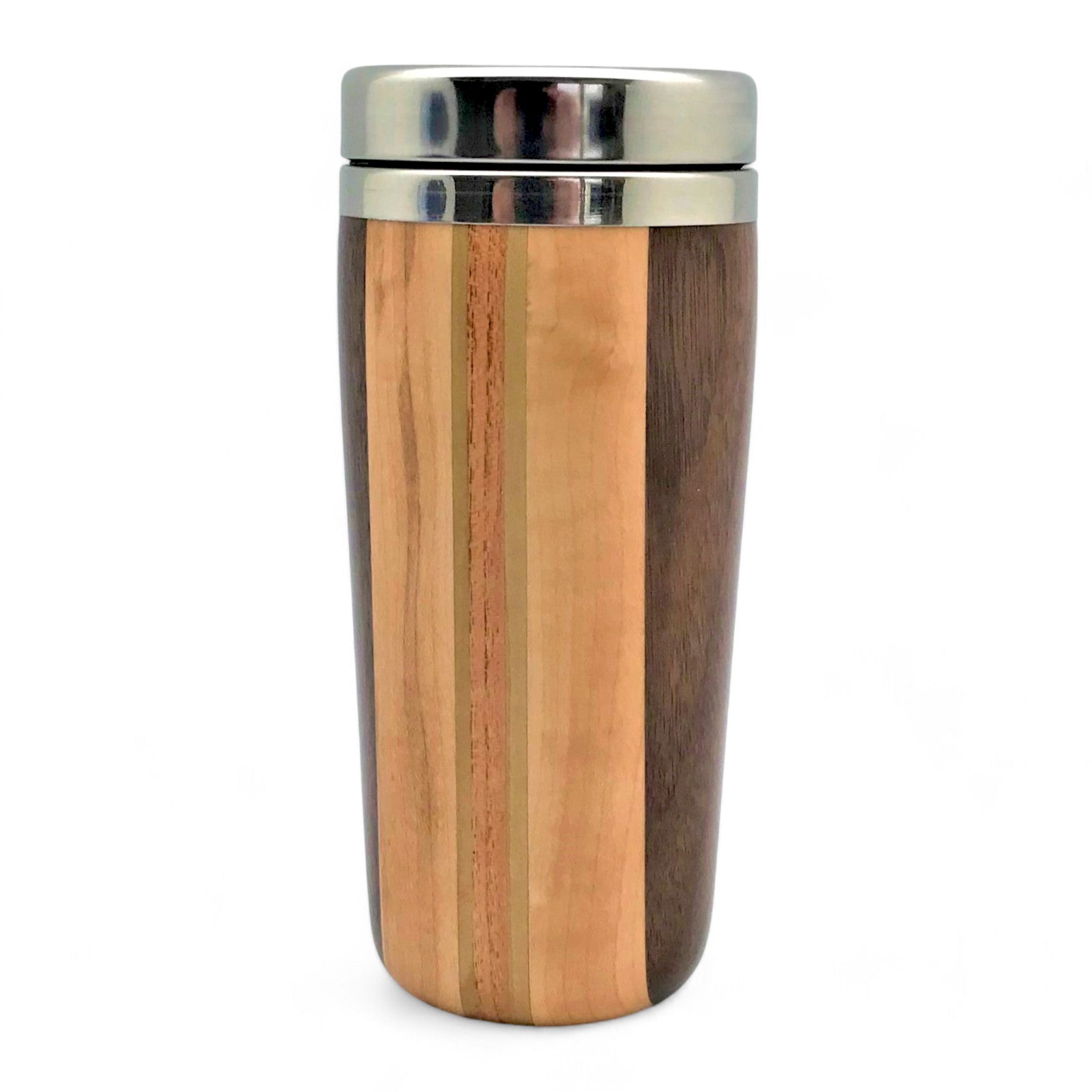 A travel mug with strips of different woods and a stainless steel screw-on lid.