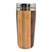 A travel mug with strips of different woods and a stainless steel screw-on lid.