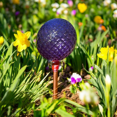 a purple glass garden globe outside in a spring garden