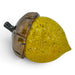 A decorative glass acorn sculpture with a textured yellow-green body and a glossy brown cap.
