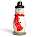 A snowman figurine with a glossy white body, black top hat, bright red scarf, and small orange nose, handcrafted in solid glass.