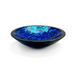 A round decorative glass bowl with a black exterior and blue interior, crafted from dichroic glass with a polished finish.