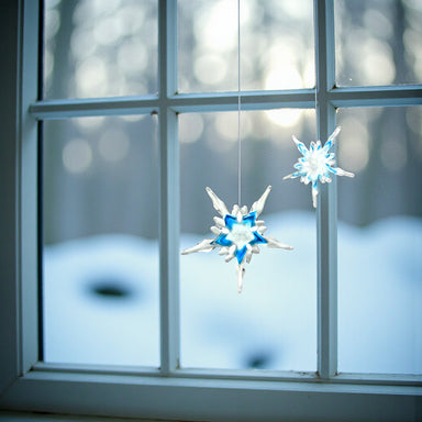 Decorative snowflake lights hanging in front of a window with a snowy landscape.