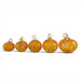 Five small orange glass pumpkins with gold-tone hanging loops, arranged in ascending size order on a white background.