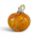 A decorative glass pumpkin ornament with a twisted stem, featuring a warm orange body filled with yellow, pink, and white speckles, set against a plain white background.