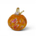 A decorative glass pumpkin with a rounded body in orange and yellow tones, featuring pink and white marbled swirls, and a clear glass stem, shown on a white background.