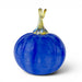 A decorative glass pumpkin sculpture with a vibrant cobalt blue bulbous body and a translucent yellow-green stem, shown on a clean white background.