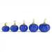 Five small cobalt blue glass pumpkins with gold-toned stems and loops, arranged in ascending size order on a white background.
