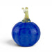 A decorative glass pumpkin sculpture with a textured cobalt blue body and a swirled stem in pale yellow and clear glass, shown on a white background.