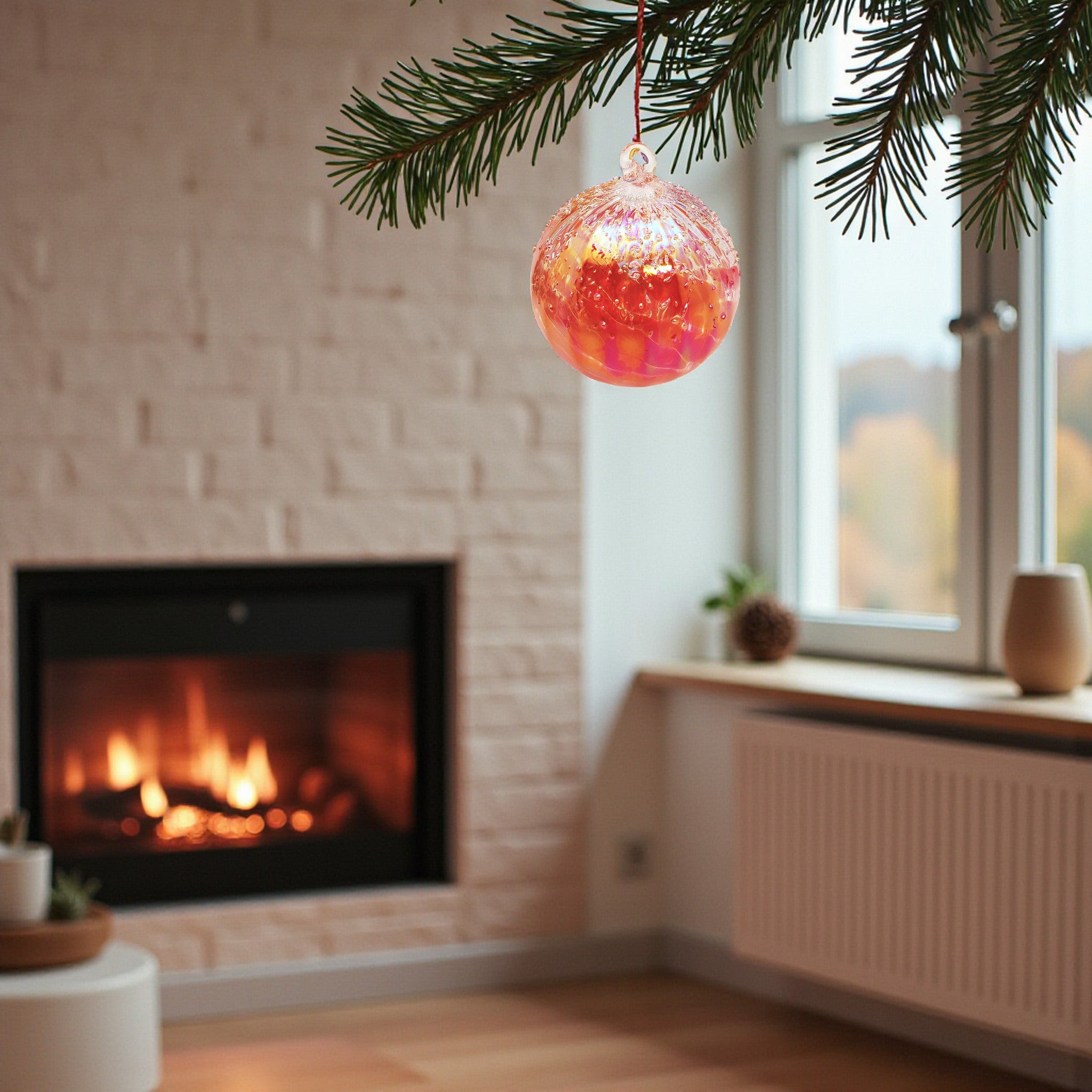 Decorative Christmas ornament hanging from a tree branch in a cozy living room with a fireplace.
