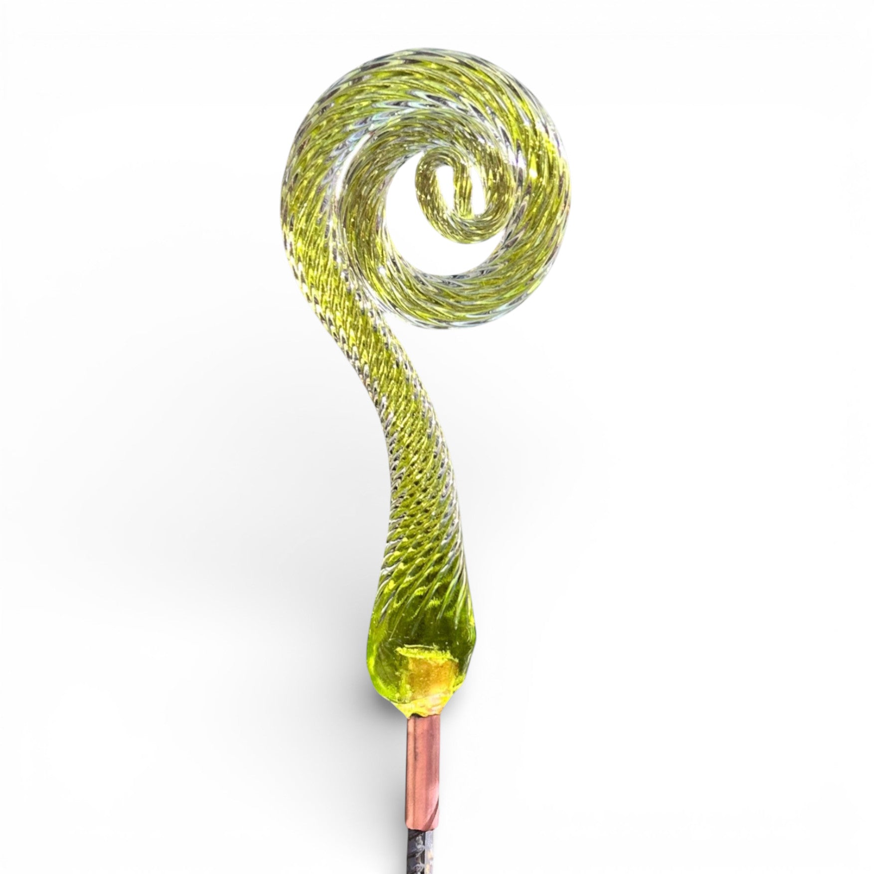 Handcrafted glass fiddlehead fern in light green spring color