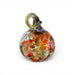 A hand-blown glass decorative pumpkin with a loop handle, featuring a marbled pattern of orange, red, yellow, and clear glass on a white background.