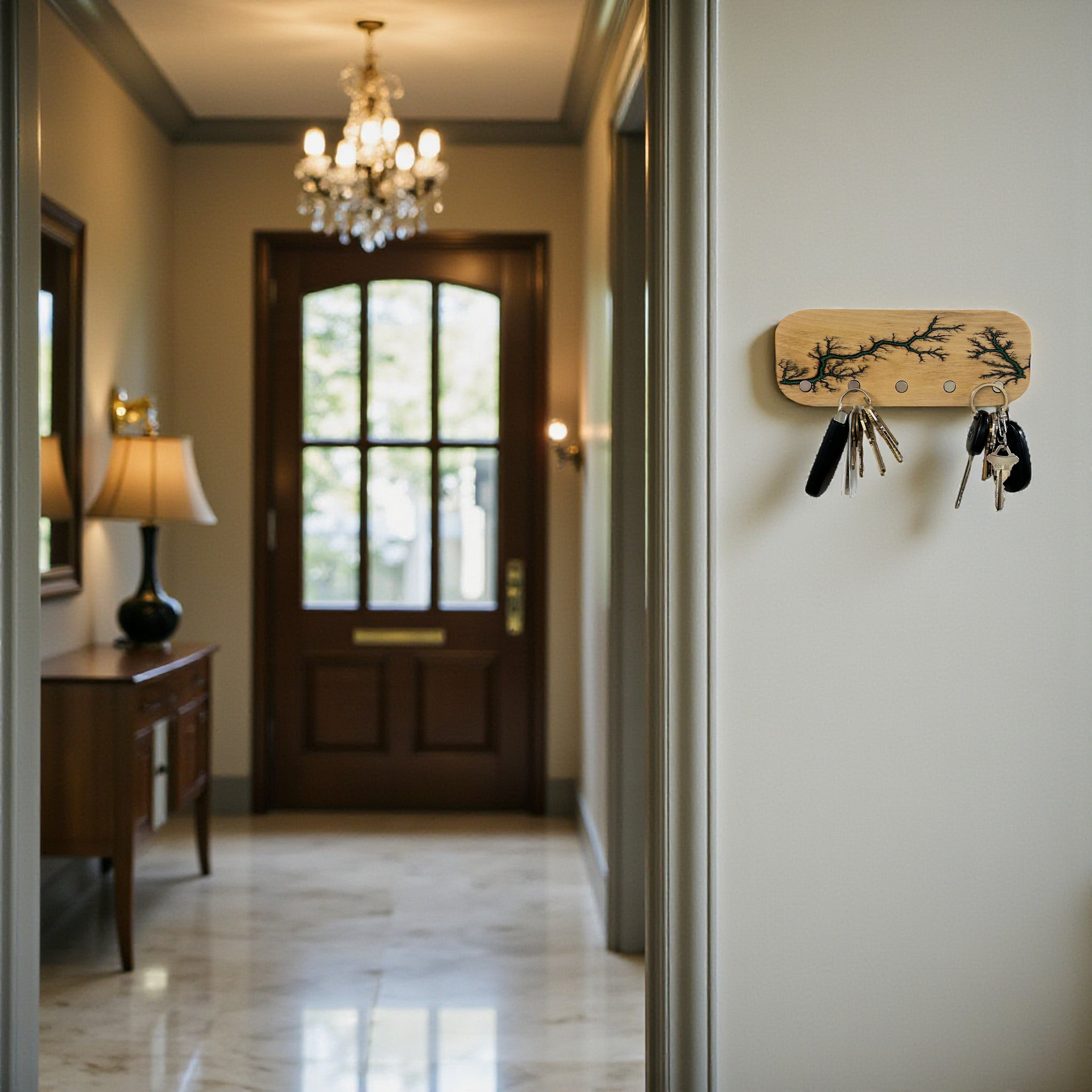 Key holder with keys on a wall in a home hallway
