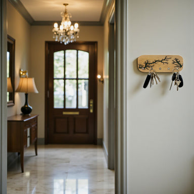 Key holder with keys on a wall in a home hallway