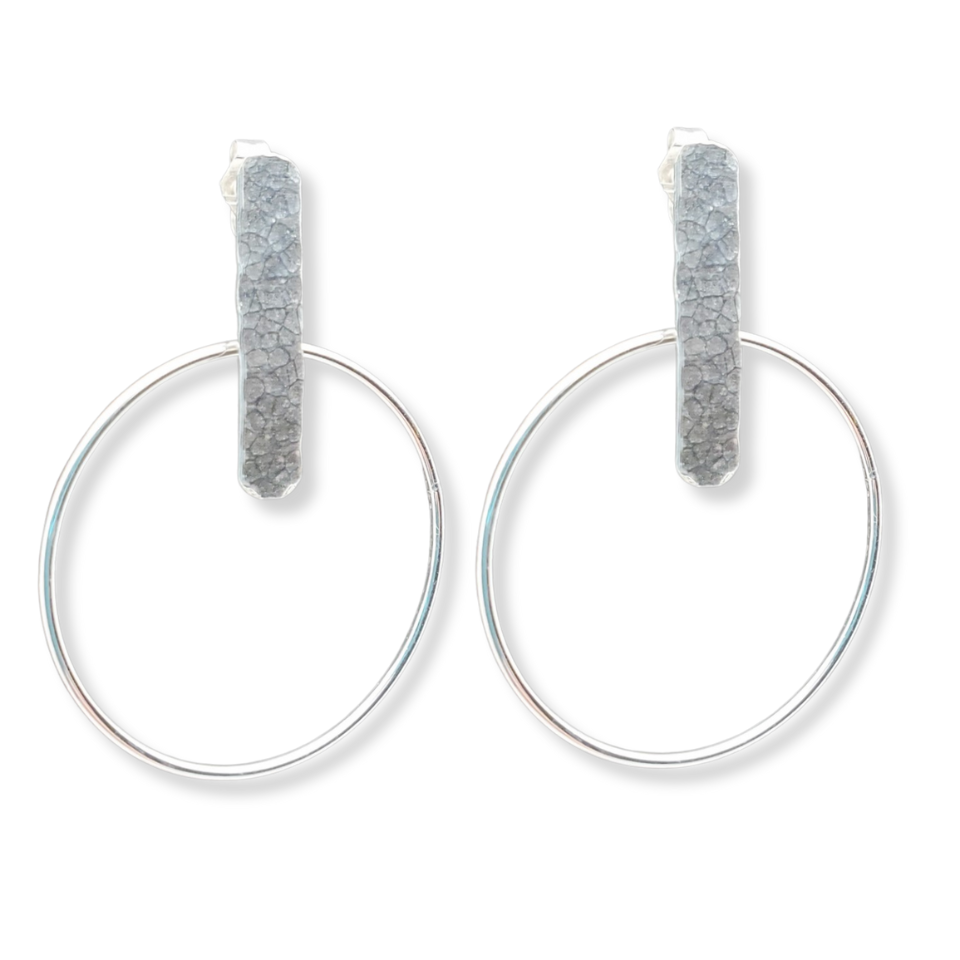 handcrafted sterling silver earrings by mark steel, featuring a bar-hoop original design