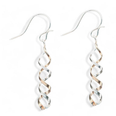 Double helix earring design side view, crafted from sterling silver and gold fill