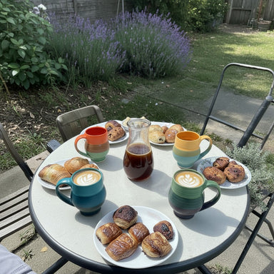 Outdoor setting with a table set for breakfast featuring pastries and coffee.