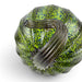 A handcrafted glass pumpkin with a ribbed side, featuring a vibrant lime green and black marbled pattern with a thick, ribbed clear glass handle.   
