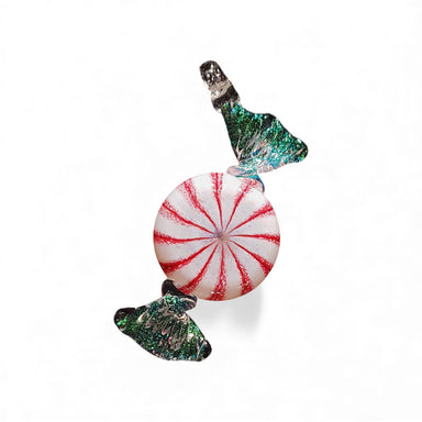 handcrafted glass ornament shaped like a piece of festive peppermint candy