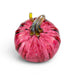 A decorative hand-blown glass pumpkin with a vibrant pink body, dark brown marbled veins, and a textured amber-brown stem, shown on a clean white background.