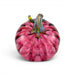 A hand-blown glass pumpkin with a vibrant pink and magenta marbled pattern, featuring a textured stem with green, yellow, and dark blue-green tones, set against a plain white background.