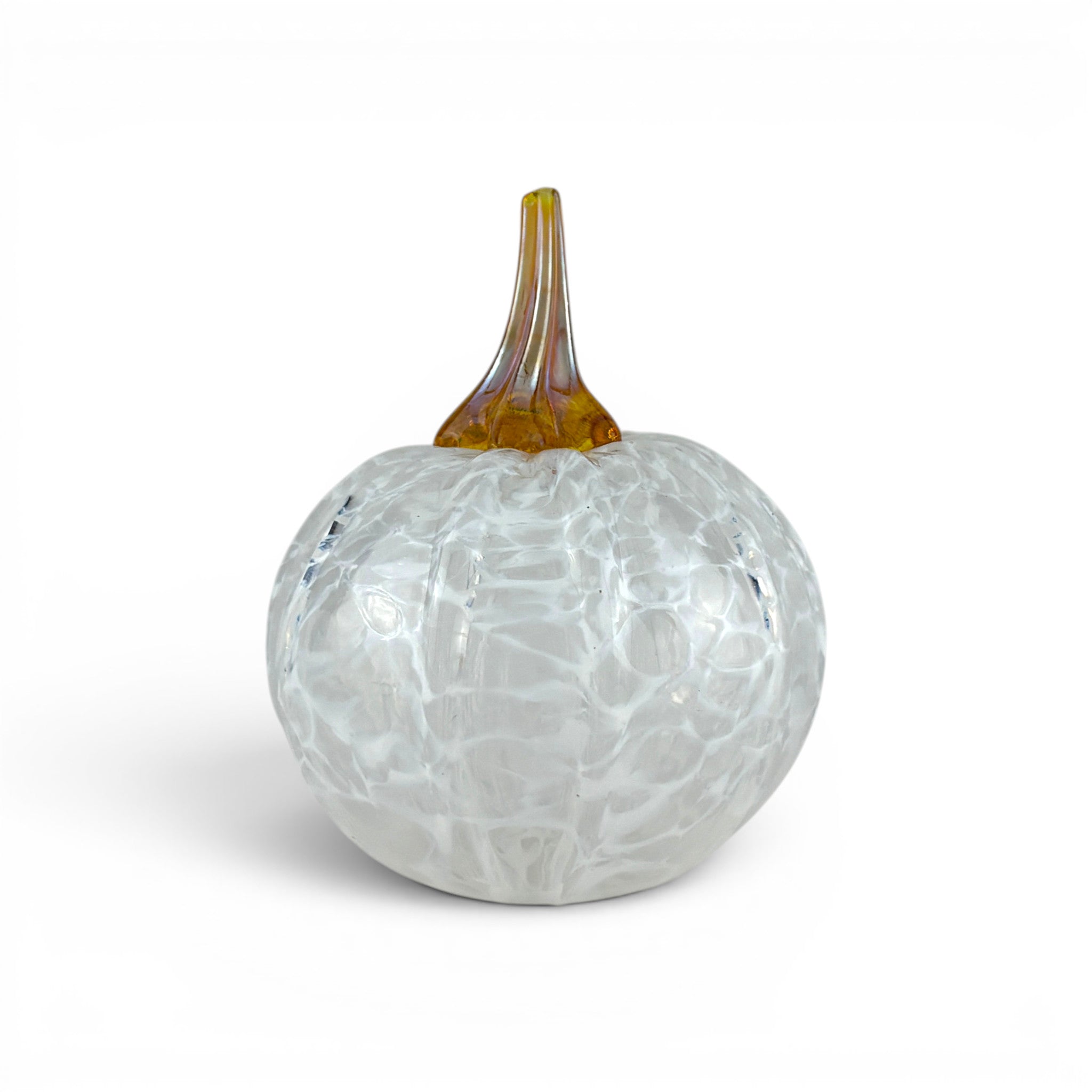A decorative glass pumpkin with a textured, crackled white and light gray body and a short, amber-brown stem, shown on a clean white background.