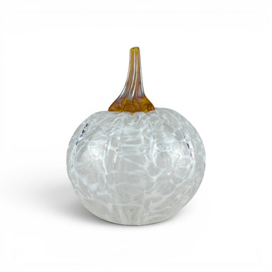 A decorative glass pumpkin with a textured, crackled white and light gray body and a short, amber-brown stem, shown on a clean white background.